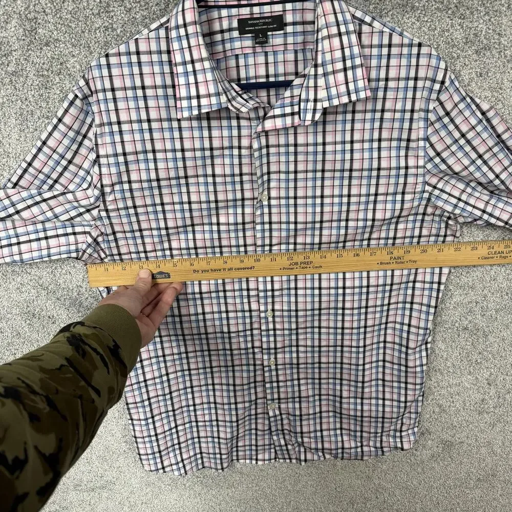 Banana Republic Dress Shirt Mens L Slim Fit Wrinkle Resistant Pink Blue Plaid